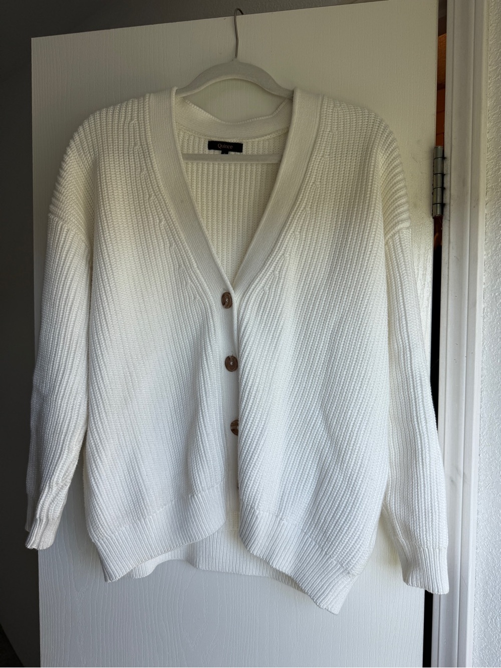 Quince Cream Ribbed V-Neck Button Cardigan